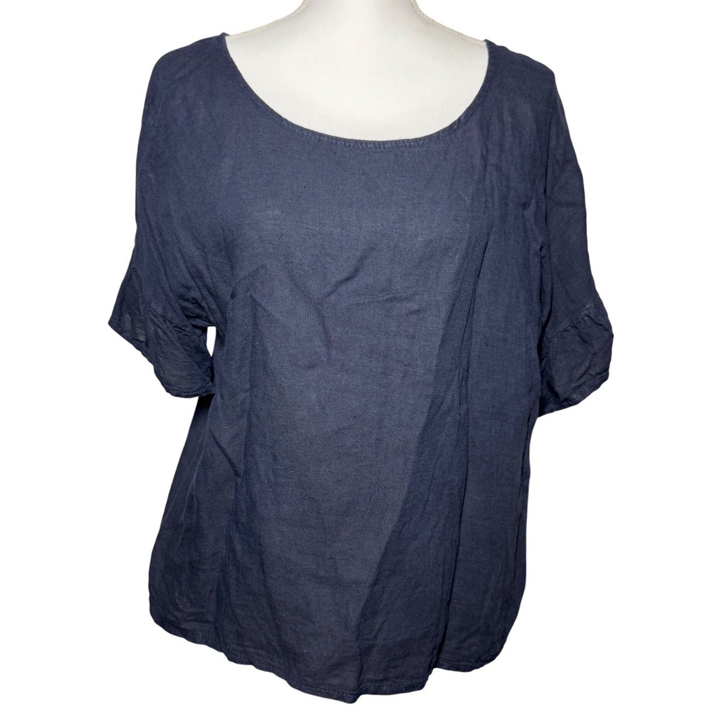 Elena Baldi Ruffle Sleeve Linen Blouse Small Navy Blue Excellent Made In Italy
